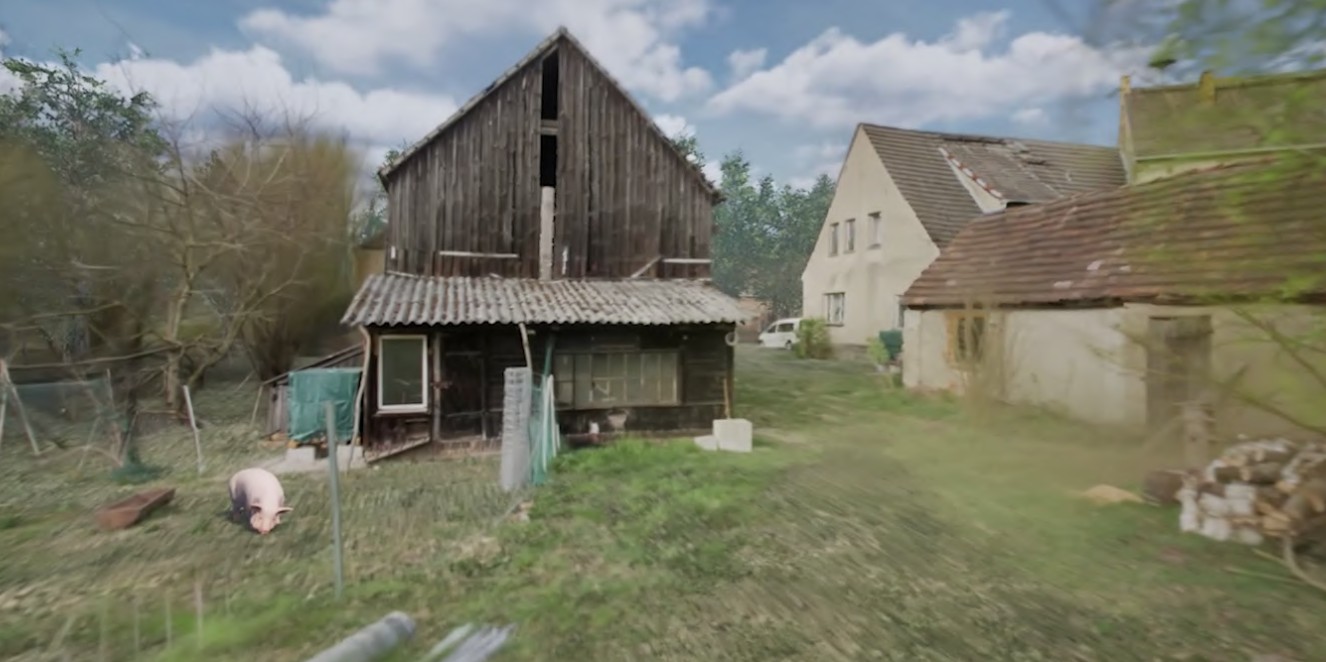 A scanned farmyard with an old wooden barn and a pig in the grass