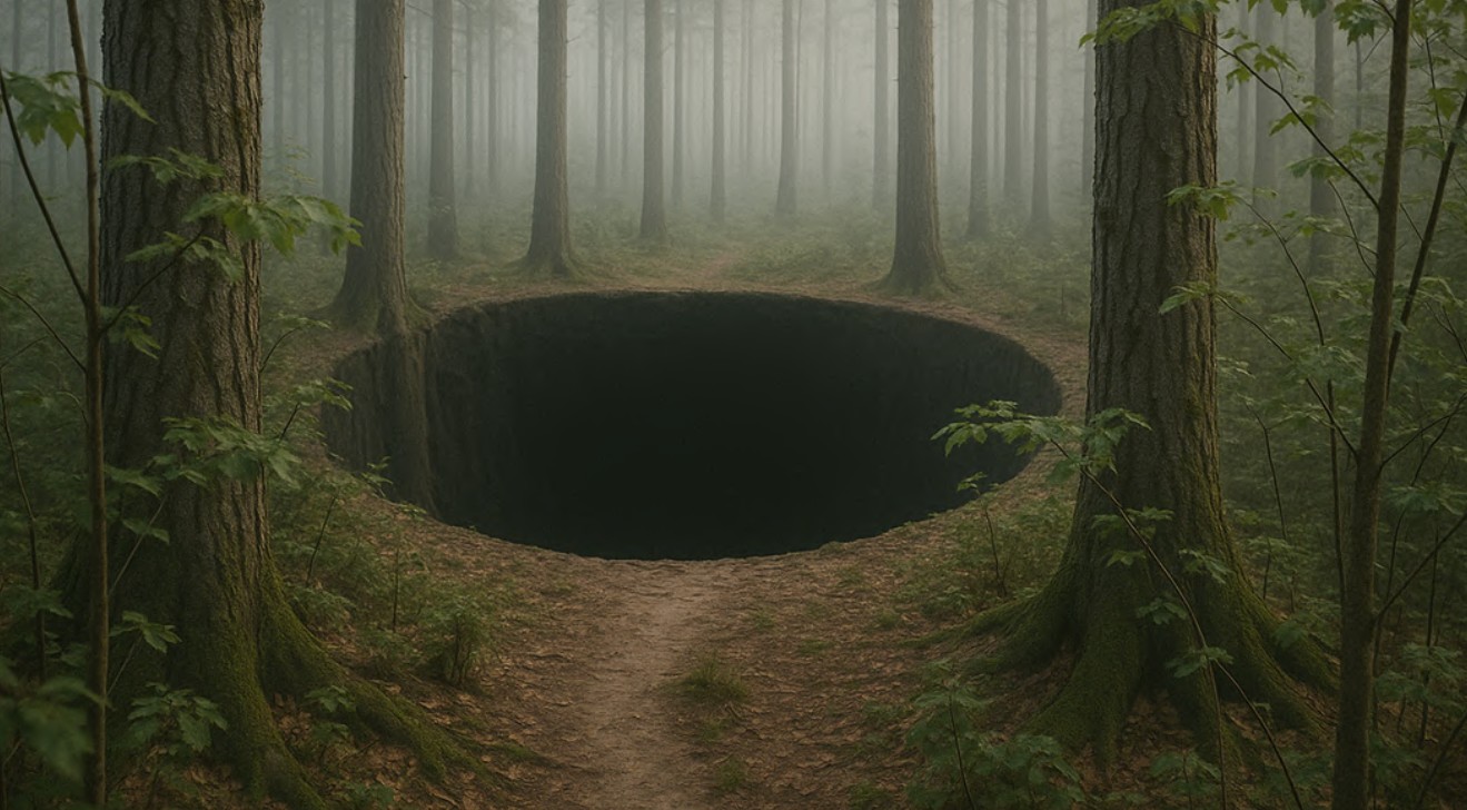 A large black hole in the ground of a misty forest path