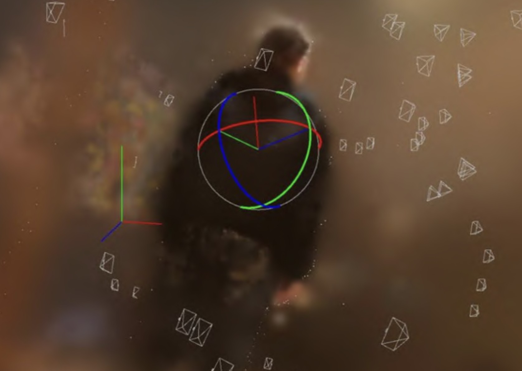 A blurred Gaussian splat of a person with camera positions and axis markers