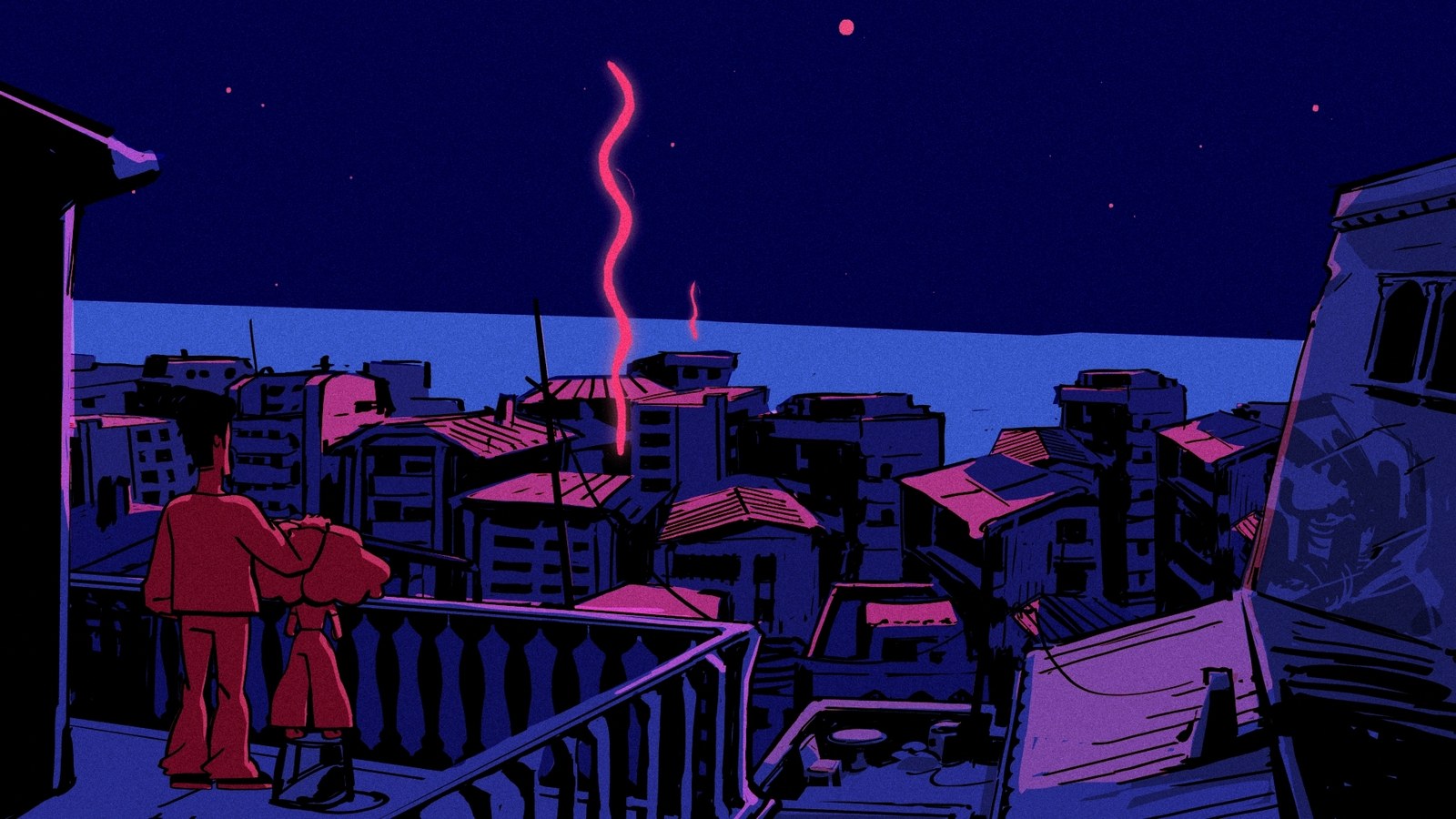 An animated couple stands on a balcony at night above rooftops and the sea, a red line of light rising from the city