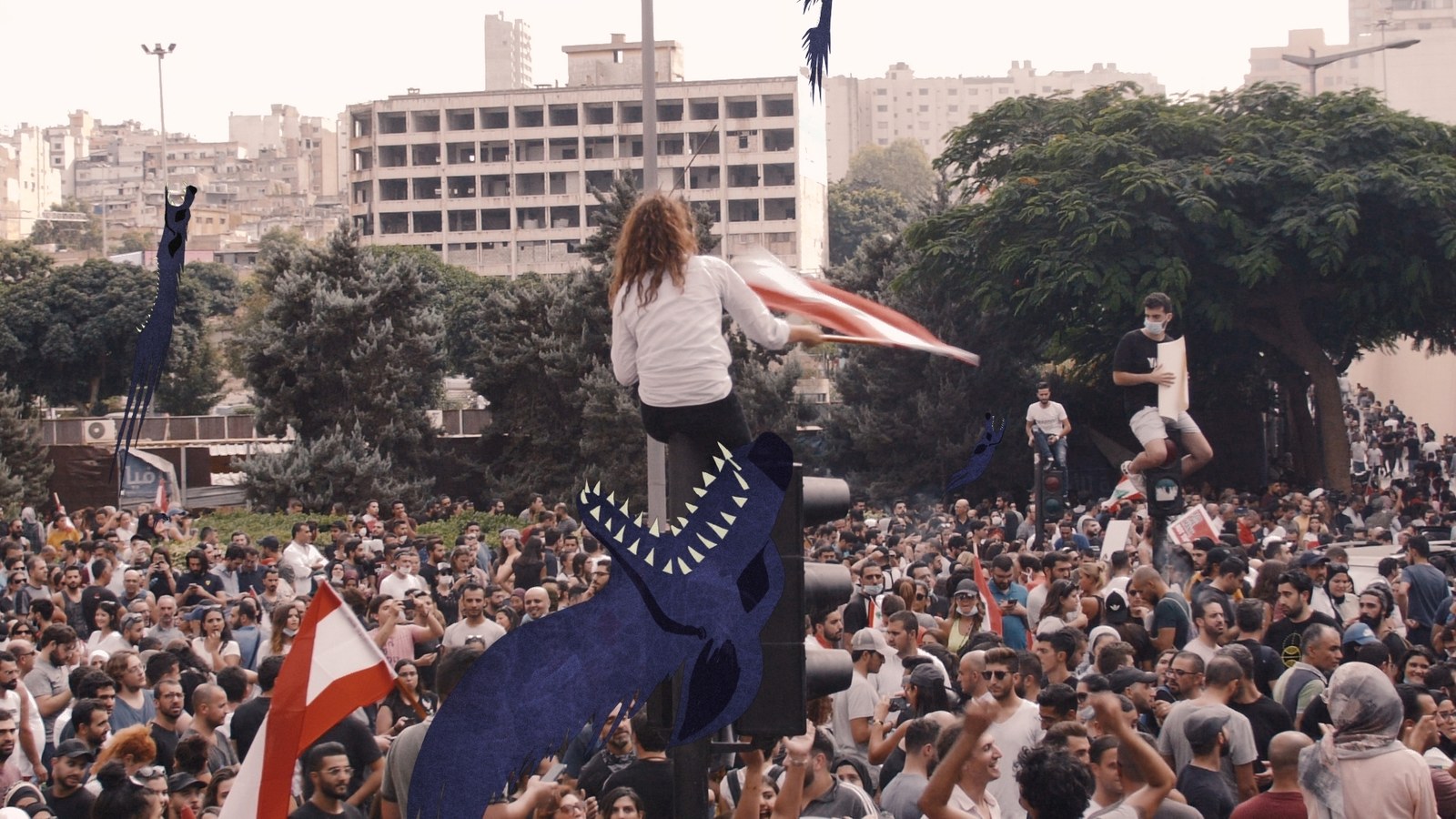 A woman waves a Lebanese flag above a crowd of protesters while animated sea creatures fly overhead